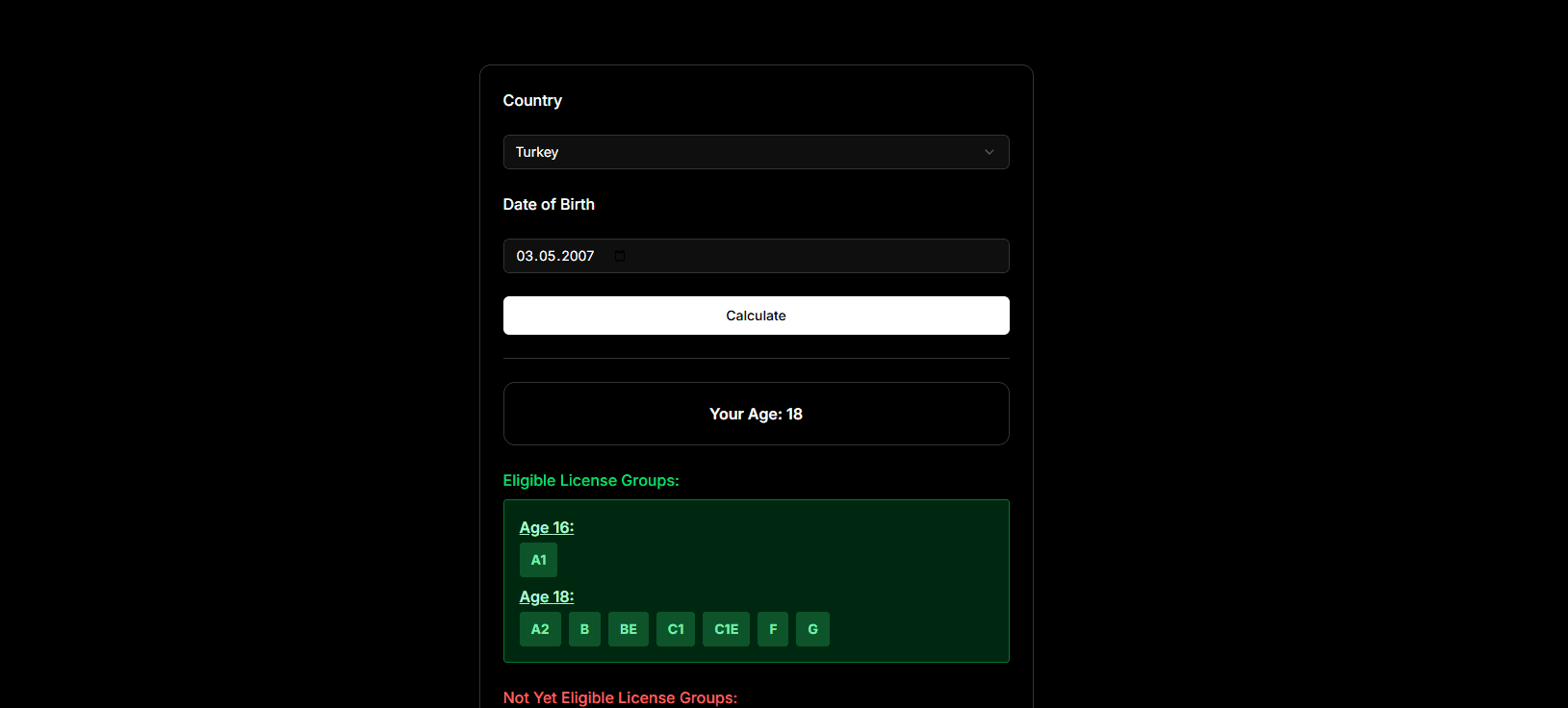 Driving License Age Calculation